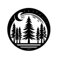 Silhouette of a forest scene at night with a crescent moon, stars, and pine trees encased within a circular frame. vector