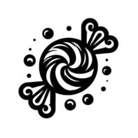 Black and white stylized candy, with spiral design, wrapped with ornate stylized ends and floating dot accents, minimalist design. vector