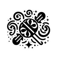 Stylized Black and White Baby Rattle Surrounded by Decorative Swirls, Dots, and Stars, on a White Background. vector