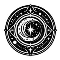 Intricate Monochrome Celestial Mandala Featuring Starburst, Crescent Moon, and Cosmic Elements in Circular Arrangement. vector