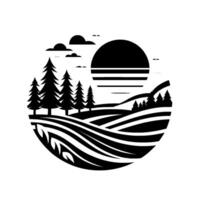 Serene Black White Circular Landscape Sun, Clouds, Pine Trees, and Rolling Hills, Minimalist Design. vector