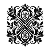 Symmetrical Black Floral Ornament with Intricate Leafy Patterns, Intertwined Stems, and a Minimalist, Elegant on a White Background. vector
