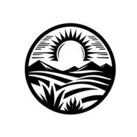 A black and white, stylized landscape within a circle, featuring sun, mountains, fields, and plants, evoking a minimalist, natural aesthetic. vector