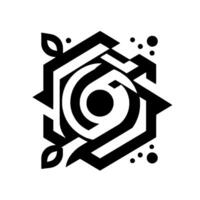 Abstract Geometric Composition Featuring a Central Spiraled Element, Hexagonal Structure, and FoliageLike Accents in Black and White. vector