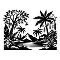Black and White Silhouetted Scene of a Prehistoric Jungle Featuring Palm Trees, Water, Mountains, a Dinosaur and a Flying Bird. vector