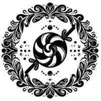 Ornate Black and White Lollipop Encircled by a Decorative Floral Border with Intricate Patterns. vector