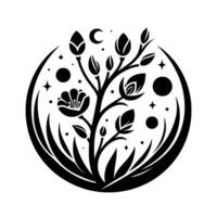Intricate black and white botanical illustration within a circular frame, featuring blooming flowers, celestial elements, and delicate foliage, evoking a sense of harmony. vector