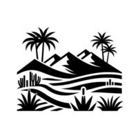 Black and White Desert Landscape Silhouette Featuring Mountains, Palm Trees, Cacti, and Grass, Evoking a Minimalist Aesthetic. vector
