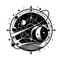 Celestial Illustration A black and white cosmic featuring planets, crescent moon, stars, and geometric lines within a circular frame. vector