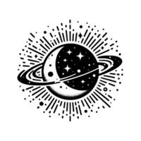 Black and white celestial illustration featuring a planet with crescent moon detailing, starfilled surface, rings, and a radiating burst design. vector