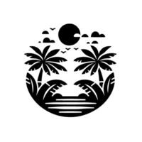 Black and white circular minimalist featuring tropical scenery, palm trees, a sun, clouds, and birds over a stylized ocean. vector