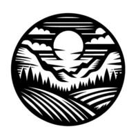A stylized circular landscape illustration, a dramatic black and white silhouette, featuring mountains, forests, fields, clouds, and a sun. vector