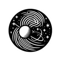 Stylized Black and White Celestial Illustration A Central Planet Surrounded by Swirling Lines, Stars, and Orbital Rings. vector