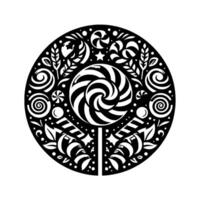 A black and white circular features a spiral lollipop at center, surrounded by other sweets, leaves, and stylized stars. vector