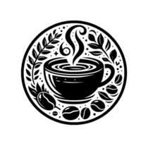 Stylized, black and white circular coffee emblem with steaming mug, beans, and botanical elements, evoking warmth. vector