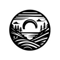 Black and white circular silhouette depicting a stylized mountain landscape with a crescent bridge over a lake, encircled by a round frame. vector