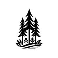 Minimalist Black and White Forest Illustration Featuring Pine Trees, Grass, and Flowers on White Background. vector