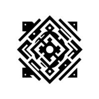 Geometric black and white square with a central circular motif and surrounding angular patterns, creating a symmetrical abstract composition. vector