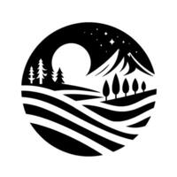 Circular minimalist black and white landscape illustration Moon, mountains, trees, and fields under a starry night. vector