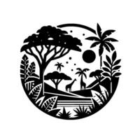 Silhouette of African Savanna Landscape within a Circle, Featuring Giraffes, Trees, and Vegetation in a Minimalist Black and White Style. vector