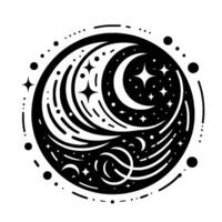 A Yin Yangesque celestial design, featuring a crescent moon, stars, and swirling lines within a circular frame, in bold black and white. vector
