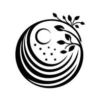 Minimalist Black and White Celestial Composition Crescent Moon, Stars, and Foliage Enclosed in a Circular Frame. vector
