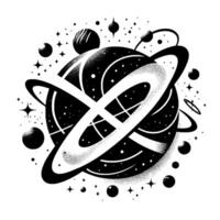 Vectorstyle illustration of a planet with intersecting rings, surrounded by celestial bodies and stars, in black and white. vector