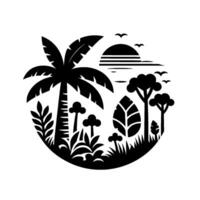 Black and white silhouetted tropical landscape within a circle, featuring a palm tree, sunset, and other flora. vector