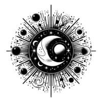 Intricate celestial illustration featuring a crescent moon and a sun, surrounded by stars, planets, and radiating lines, evoking a mystical vibe. vector