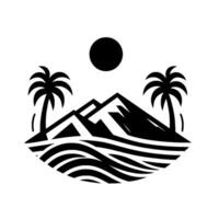 A minimalist black and white depicting a tropical island scene, with stylized mountains, palm trees, sun, and ocean waves in a circular composition. vector
