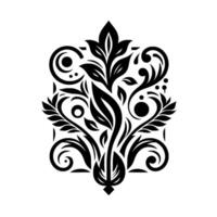 Ornamental Black and White Floral within a Rectangular Frame Featuring Curvilinear Elements, Leafy Sprays, and Detailed Flourishes. vector