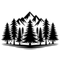 Black silhouette of a mountain range with sharp peaks, rising above a stylized forest of coniferous trees. vector