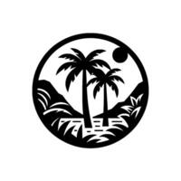 A serene black and white circular emblem depicting a tropical island scene with palm trees, mountains, and a sun, creating a minimalist landscape aesthetic. vector
