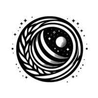 A stylized celestial emblem, depicting a crescent moon, a full moon, and stars within a swirling circle, surrounded by leaves and cosmic elements. vector