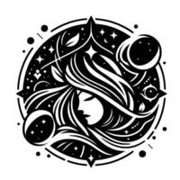 Celestial Woman A Black and White Illustration Featuring a Womans Profile, Encircled by Stars, Moons, and Organic Shapes within a Circular Frame. vector