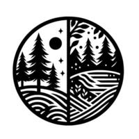 YinYang style splitcircle landscape art with symmetrical composition daynight, trees, fields, celestial bodies rendered in black on white. vector