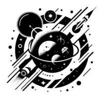 Geometric Stellar Composition A Black and White Illustration of Planets, Rockets, and Cosmic Elements in a Circular Frame. vector