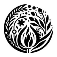 Monochromatic floral medallion with stylized botanical elements, including leaves, flowers, and buds, arranged in a circular pattern. vector