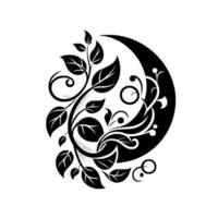 Celestial botanical illustration of a crescent moon intertwined with stylized leafy vines and delicate swirling floral elements, rendered in elegant black and white. vector