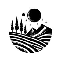 Stylized monochrome night landscape within a circle, featuring mountains, trees, starry sky, a large moon, and a smaller planet, creating a serene, minimalist composition. vector