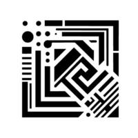 Geometric Black and White Square with Angular Shapes, Dots, Lines, and a Central Labyrinthine Element. vector
