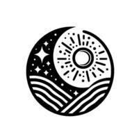 Celestial Harmony Black and White Geometric Featuring Sun, Moon, Stars, and Waves in a Circular Composition vector