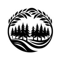 A Minimalist Silhouette of a Forest Scene Within an Oval Frame, Featuring Pine Trees, Leaves, and a Rolling Landscape in Black and White. vector