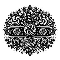 Intricate Black White Candy Medley Composition, Featuring Lollipops, Canes, Bows, Botanical Elements, Isolated on White Background vector