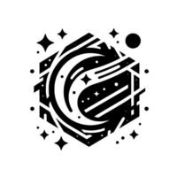 Geometric Celestial Emblem A Monochrome Hexagon Featuring a Crescent Nebula, Stars, Planets, and Linear Cosmic Elements. vector
