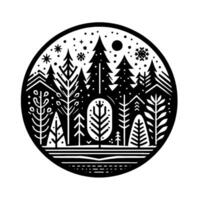 Stylized Black and White Winter Forest Scene Inside a Circle, Featuring Trees, Snowflakes, and a Moon. vector