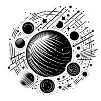 A minimalist celestial illustration depicting a central, textured planet surrounded by stylized moons, stars, and linear elements against a white backdrop. vector