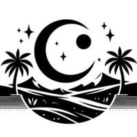 Black and white crescent moon and sun with palm trees, mountains, stars, and stylized landscape within a circular frame. vector