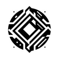 Geometric black and white digital artwork of a circuitlike with a square centerpiece and a circular outer frame, minimalist and modern aesthetic. vector