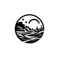 Abstract Monochrome Landscape A Circular Composition of Mountains, Desert, Sky, and Water, Suggesting Tranquility. vector